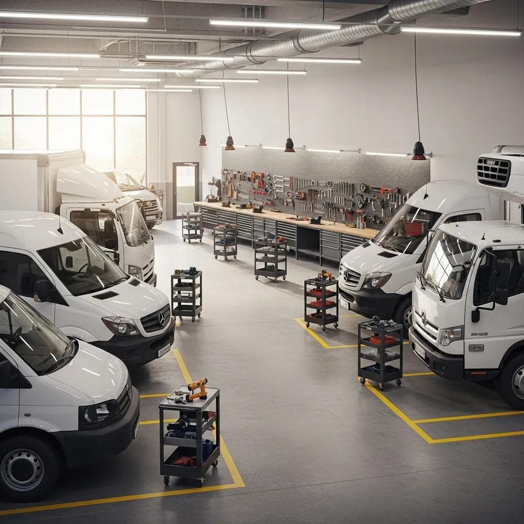 Fleet of commercial vehicles in a well-maintained garage, highlighting the importance of effective fleet maintenance
